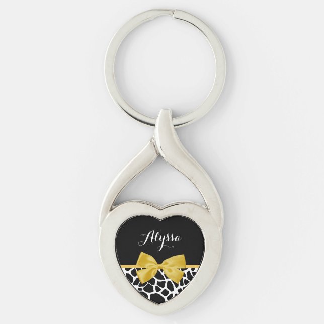 Gold Bow Black and White Giraffe Print With Name Keychain (Front)