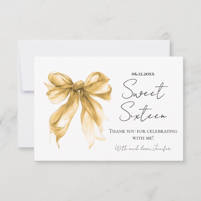 Gold  Bow Coquette Script Sweet 16 Thank You  Card (Front)