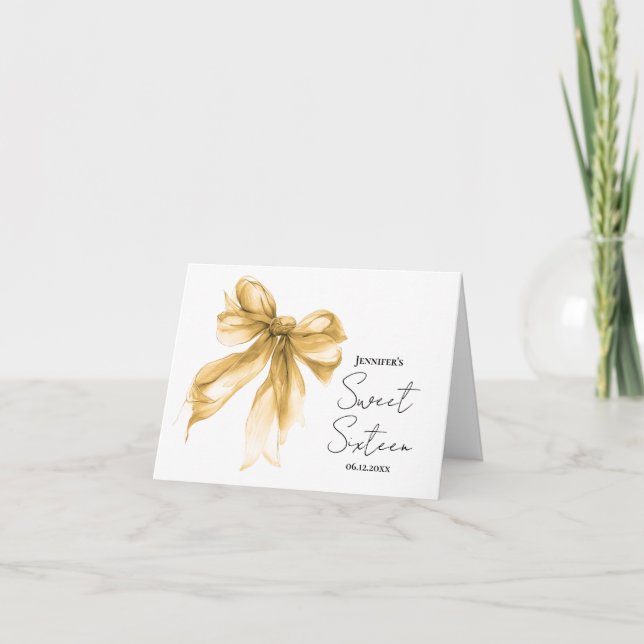 Gold Bow Coquette Script Sweet 16 Thank You  Card (Front)
