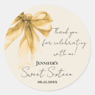 Gold Bow Coquette Script Sweet 16 Thank You Classic Round Sticker
