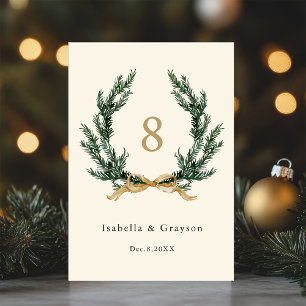 Gold Bow & Evergreen Pine Wreath Wedding Ivory Table Number