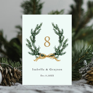 Gold Bow & Evergreen Pine Wreath Wedding Mint Table Number