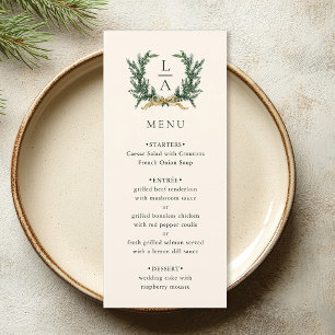 Gold Bow & Evergreen Wreath Ivory Wedding Menu