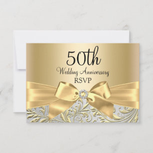 Gold Bow Floral Swirl 50th Anniversary RSVP Card