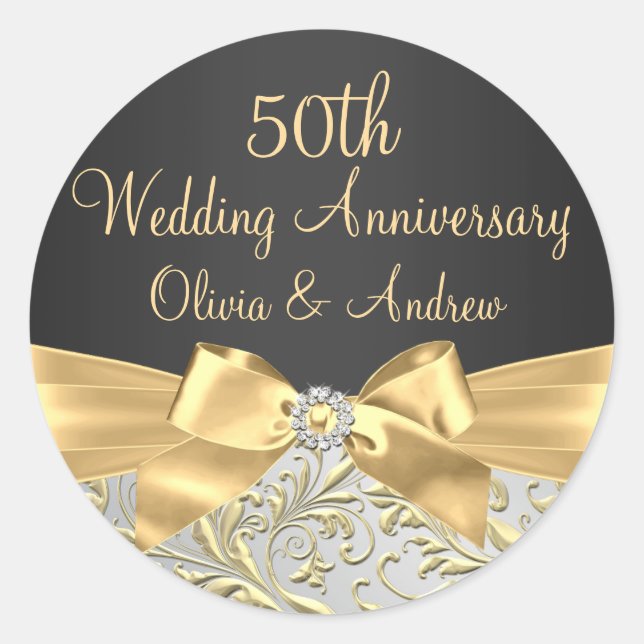Gold Bow & Floral Swirl 50th Anniversary Sticker (Front)