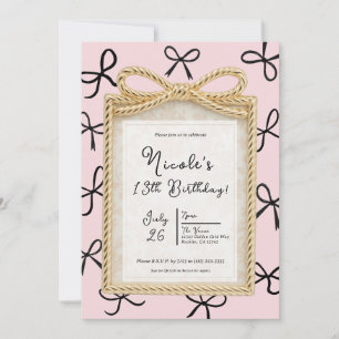 Gold Bow Frame & Little Black Bows Pink Birthday Invitation