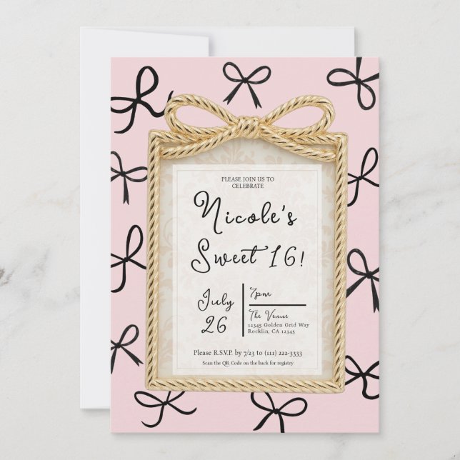 Gold Bow Frame Little Black Bows Sweet 16 Photo  Invitation (Front)