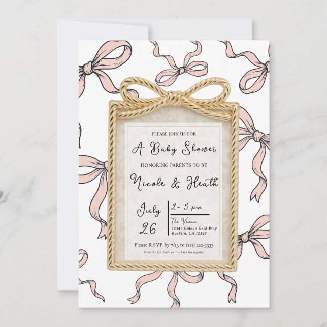 Gold Bow Frame Pink Ribbon Bow Baby Shower Invitation (Front)