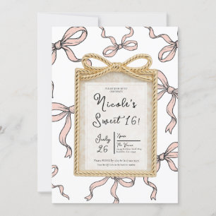 Gold Bow Frame Pink Ribbon Bow Sweet 16 Photo Invitation