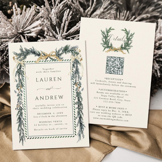 Gold Bow & Green Garland Wedding All in One Ivory Invitation (Front & Back)