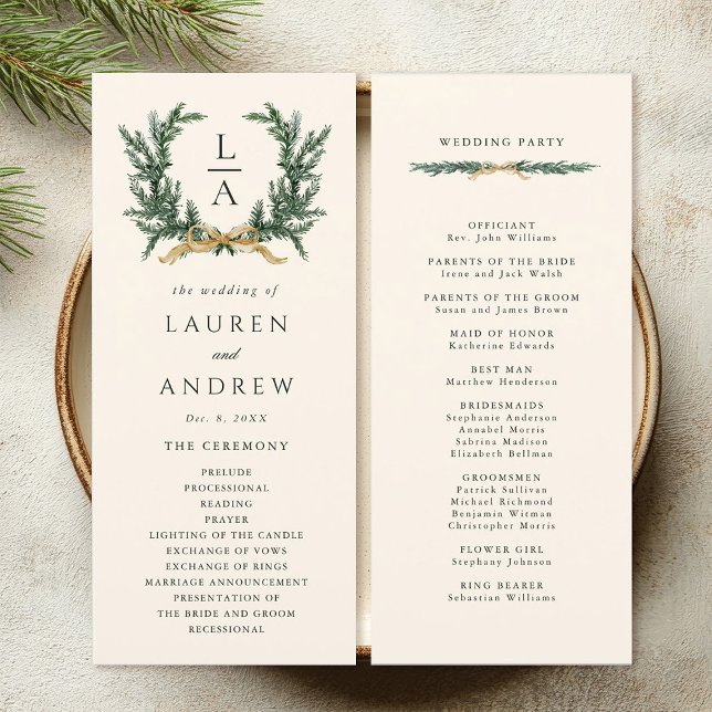 Gold Bow & Green Garland Wedding Ceremony Ivory Program (Front & Back)