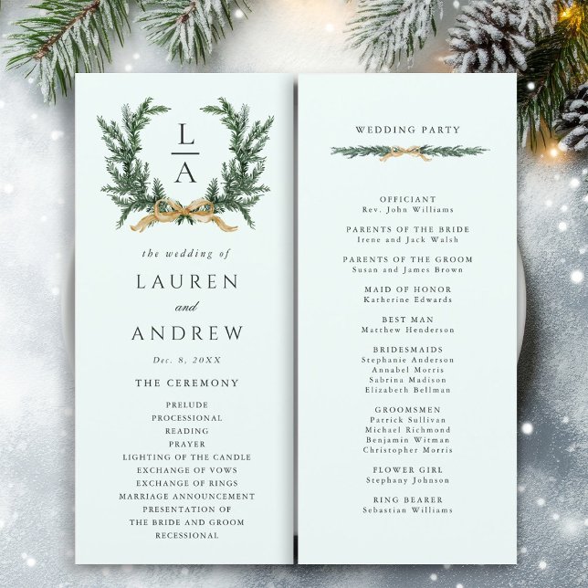 Gold Bow & Green Garland Wedding Ceremony Mint Program (Front & Back)