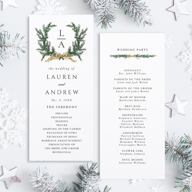 Gold Bow & Green Garland Wedding Ceremony Program (Front & Back)