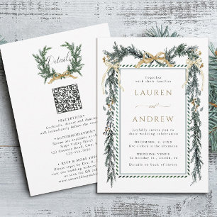 Gold Bow & Greenery Garland Wedding All in One Invitation