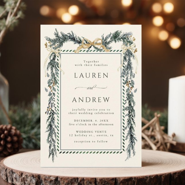 Gold Bow & Greenery Garland Wedding Ivory Invitation (Creator Uploaded)