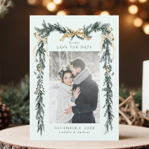 Gold Bow & Greenery Garland Wedding Mint Save The Date