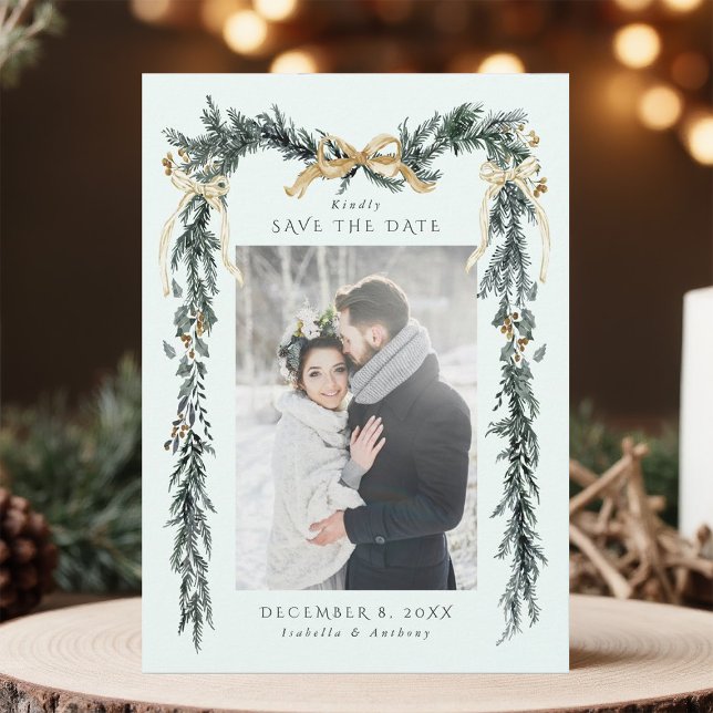 Gold Bow & Greenery Garland Wedding Mint Save The Date (Creator Uploaded)