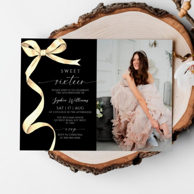 Gold Bow Photo Sweet 16 Anniversaire Invitation (Créateur téléchargé)