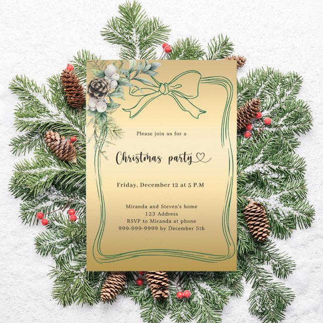 Gold bow pine greenery Christmas Party Invitation (Creator Uploaded)