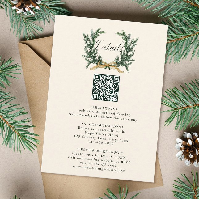Gold Bow & Pine Wreath Wedding Details Ivory Enclosure Card (Creator Uploaded)
