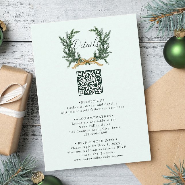 Gold Bow & Pine Wreath Wedding Details Mint Enclosure Card (Creator Uploaded)