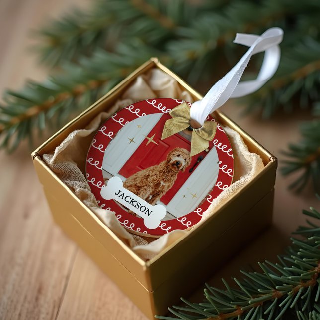 Gold Bow Red & White Swirl Motif Chien photo os (Gold Bow Red & White Swirl Pattern Dog Bone Photo Ornament)
