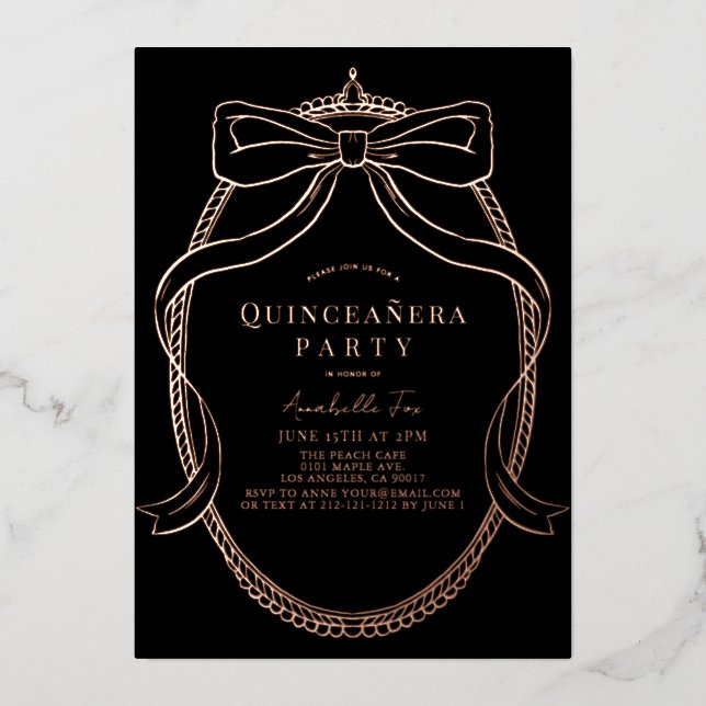 Gold Bow Ribbon Tiara Frame Black Quinceañera (Front)