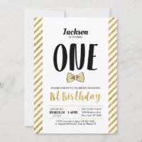 Gold, Bow Tie | Boy 1st Birthday Invitation