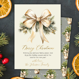 Gold Bow Watercolor Christmas Foliage Beige  Holiday Card