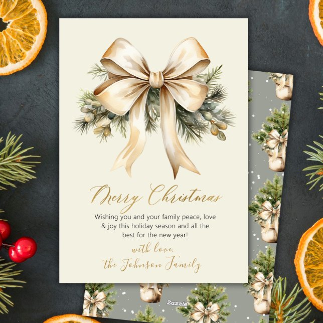 Gold Bow Watercolor Christmas Foliage Beige  Holiday Card (Creator Uploaded)