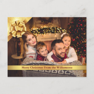 Gold Bow with Ribbon Merry Christmas Photo Holiday Postcard