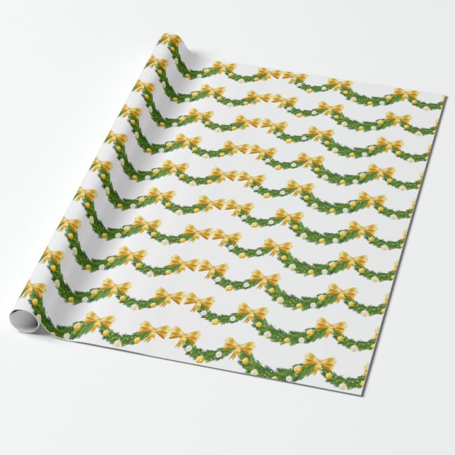 Gold Bows and Boughs Christmas Gift Wrapping Paper (Unrolled)