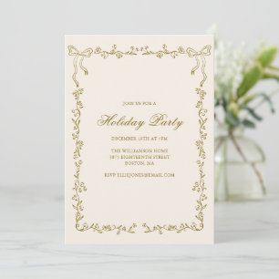Gold Bows and Flowers Ivory Elegant Holiday Party Invitation