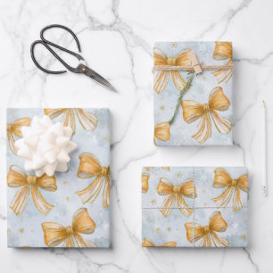 Gold Bows Baby Blue Christmas Wrapping Paper Sheet