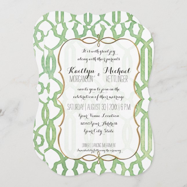 Gold Bracket Frame Watercolor Trellis Pattern Mint Invitation (Front/Back)