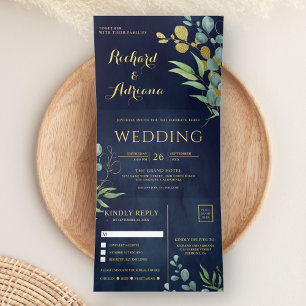 Gold Branch Eucalyptus Leaves Navy Blue Wedding Tri-Fold Invitation