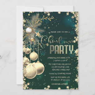 Gold Branches Balls Stars Green Company Christmas  Invitation