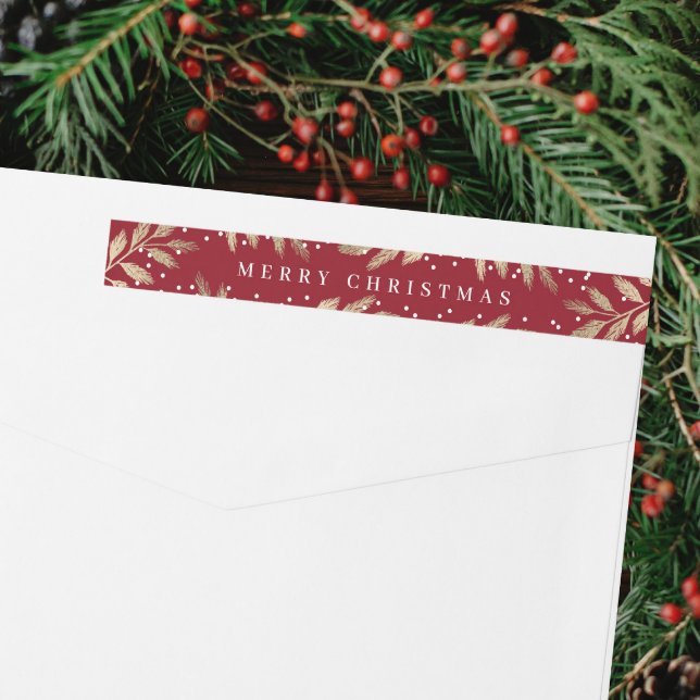Gold Branches Christmas Card Return Address Wrap Around Label (Elegant red and gold branch merry christmas card return address label.)