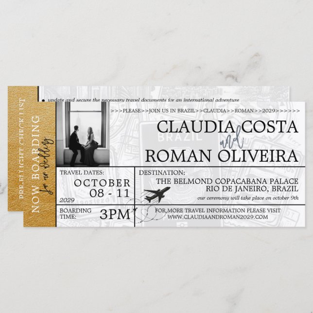Gold Brésil Mariage Boarding Pass Invitation (Devant / Derrière)