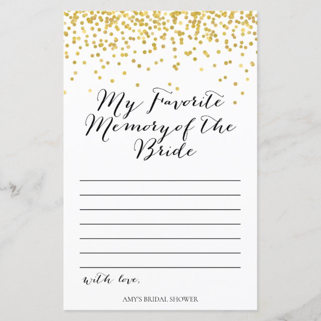 Gold Bridal Shower Game - Favourite Memory (Front)