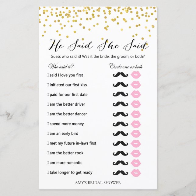 Gold Bridal Shower Game - He Said She Said (Front)