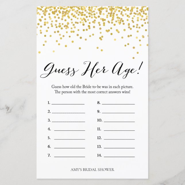 Gold Bridal Shower Game - How old was Bride (Front)