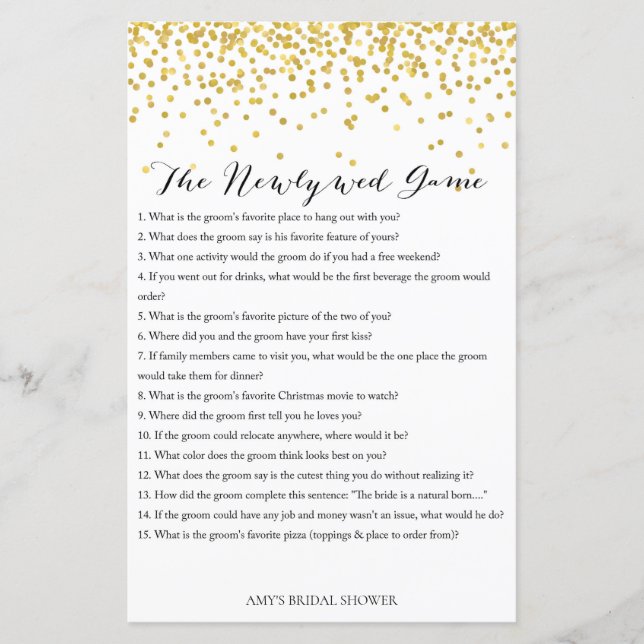 Gold Bridal Shower Game - Newlywed Game (Front)