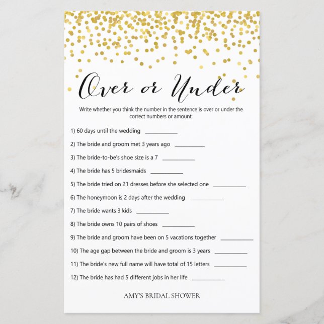 Gold Bridal Shower Game - Over or Under (Front)