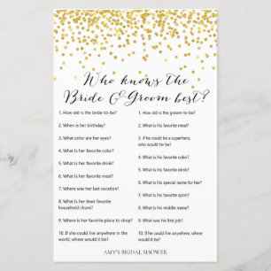 Gold Bridal Shower Game - who knows bride & groom