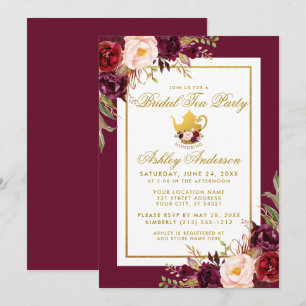 Gold Bridal Shower Tea Party Burgundy Invite B