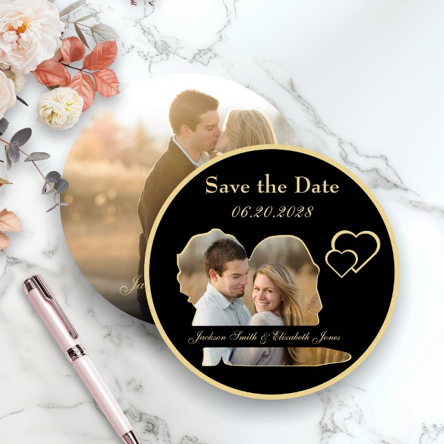 Gold Bride and Groom Shape Photo Round Wedding Save The Date (Creator Uploaded)