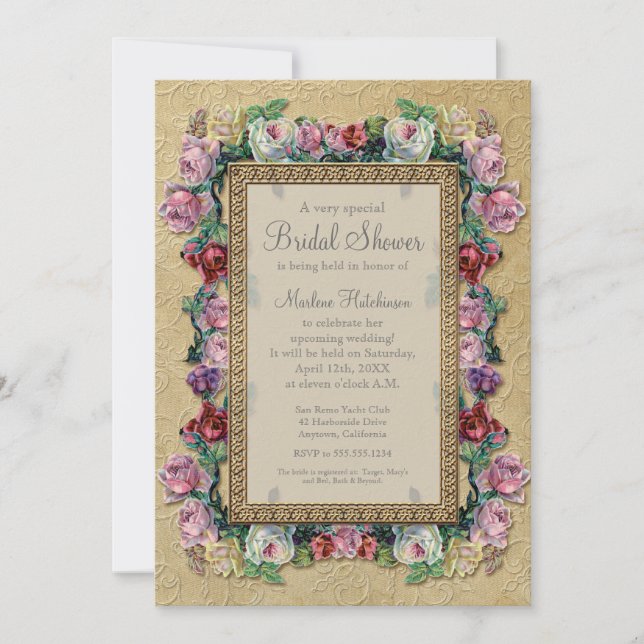 Gold Brocade Floral Formal Elegant Bridal Shower Invitation (Front)