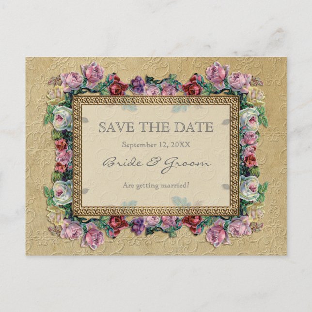 Gold Brocade Floral Formal Elegant Save the Date Announcement Postcard (Front)