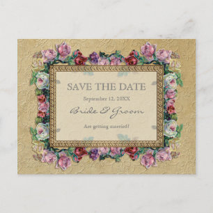 Gold Brocade Floral Formal Elegant Save the Date Announcement Postcard
